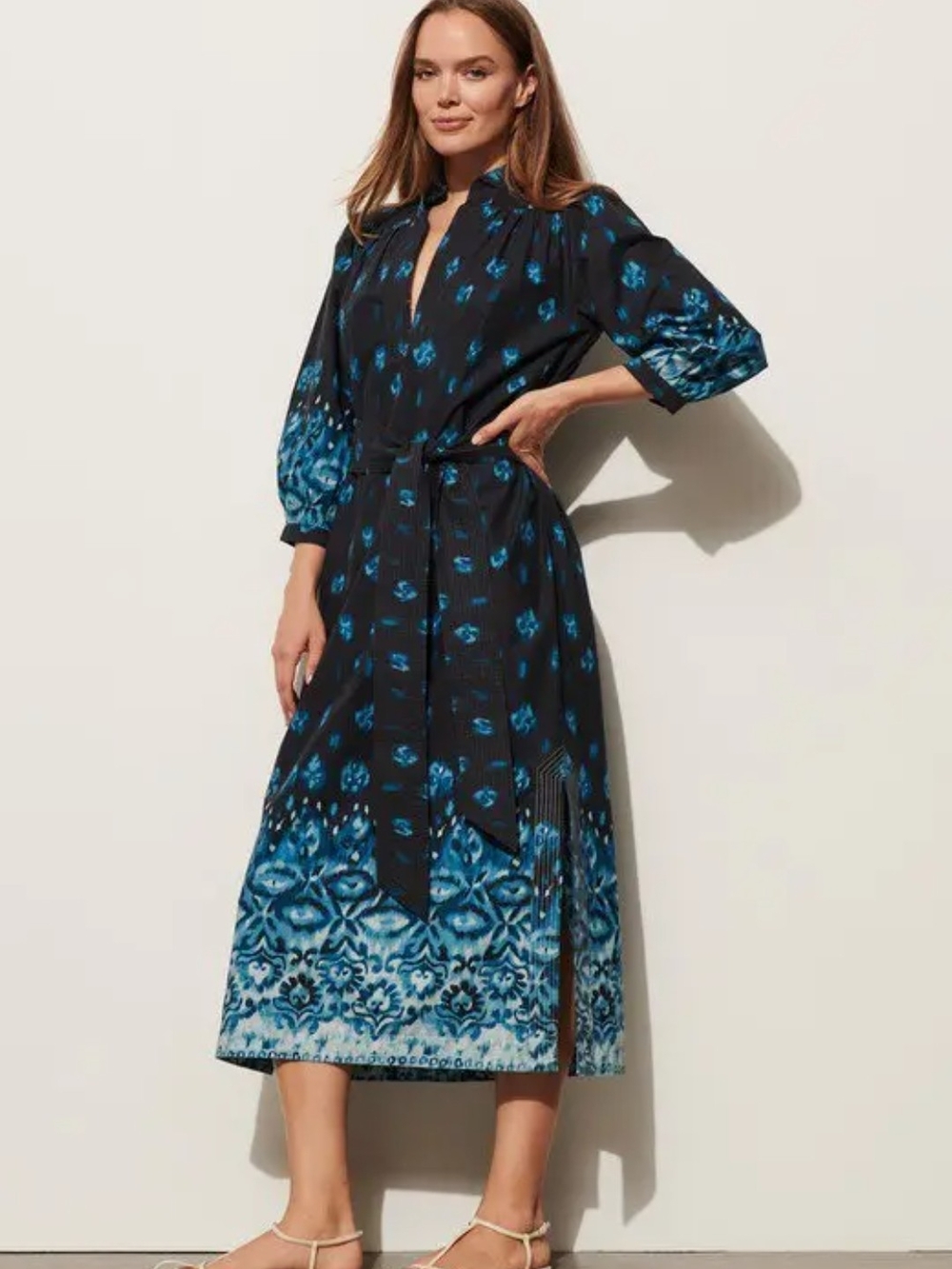 Black & Blue Printed Tie-Waist Midi Dress